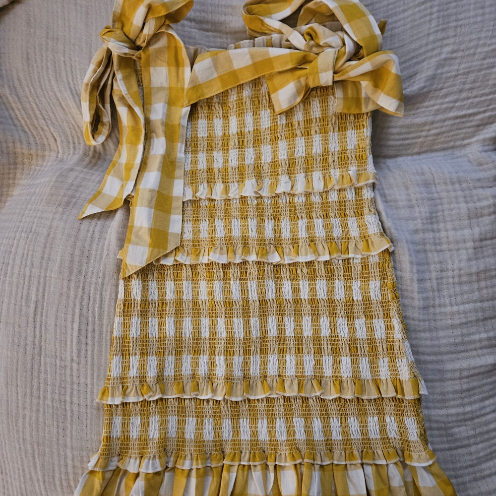 Mabel Yellow and White Gingham Summer Sundress Smocked Small